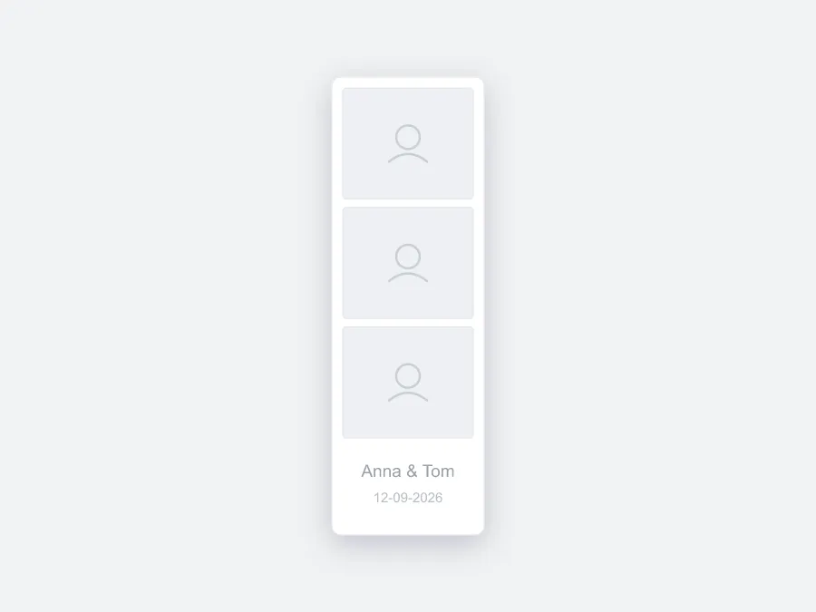 Een leeg wit fotostripje met alleen de namen en de datum in een standaardlettertype