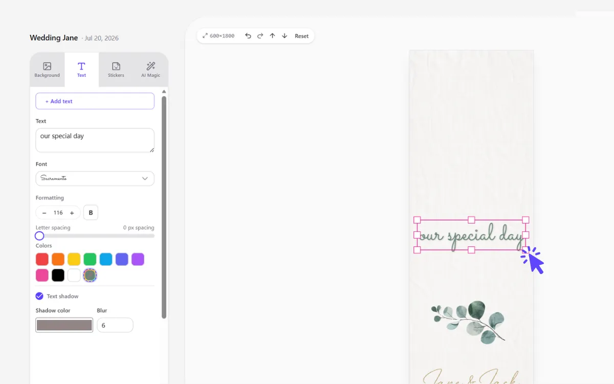 De Stripbuilder strip-editor met toolbar, stickerbibliotheek en een fotostrip op het canvas