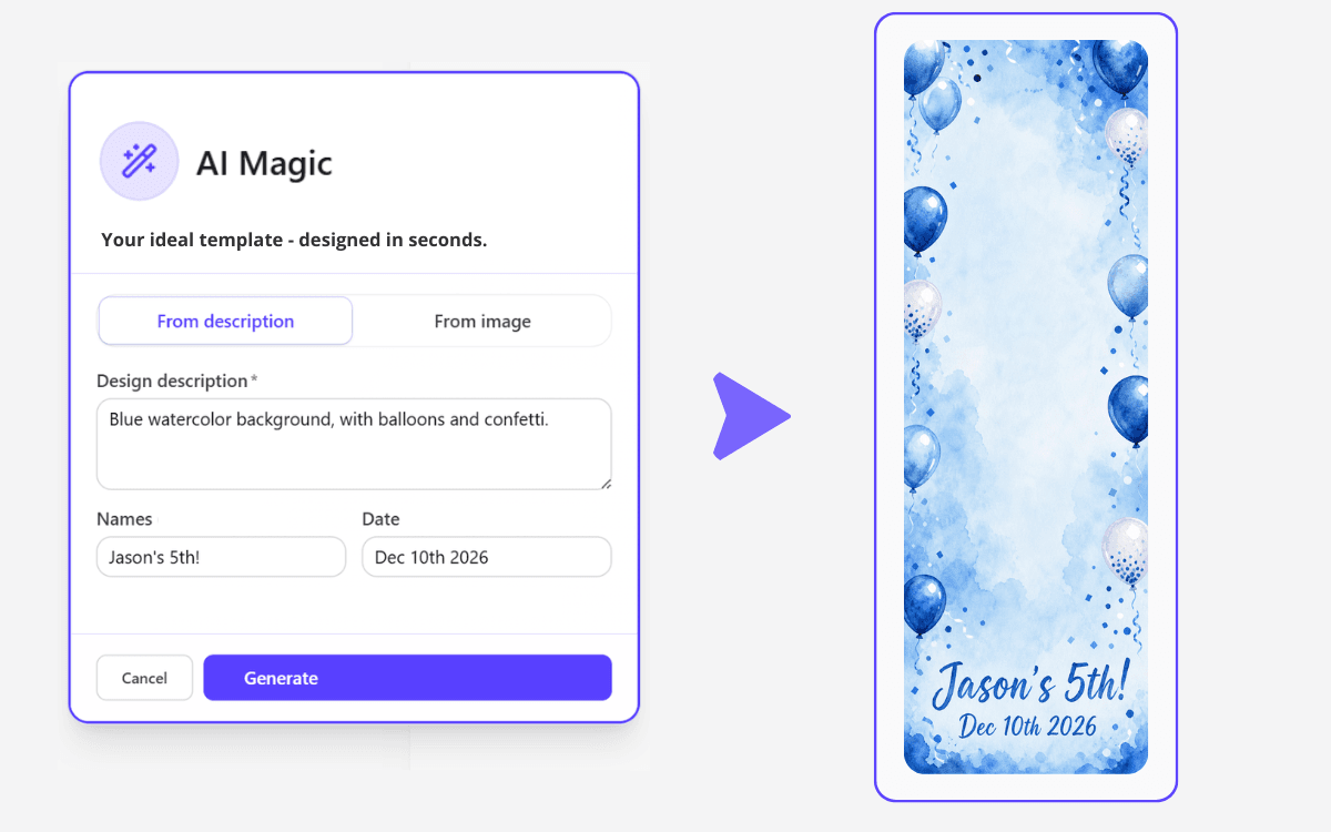 Het AI Magic-venster in de editor, met een beschrijvingsveld, velden voor namen en datum, en een genereerknop