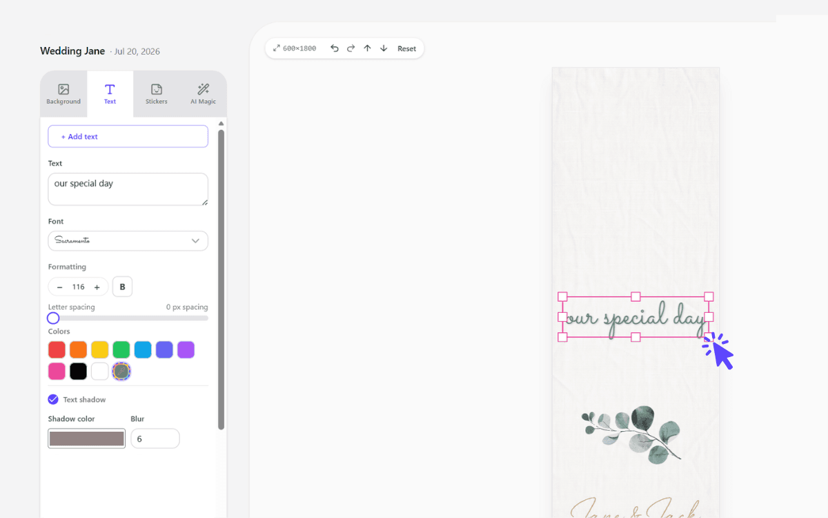 De Stripbuilder-editor met een stripontwerp open, met het canvasformaat van 600 bij 1800 pixels